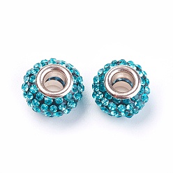 Аквамарин Класс горный хрусталь Европейский бисером, бусины с большим отверстием, cmола, с латунным сердечником с серебряным покрытием, рондель, аквамарин, 12x8 мм, отверстие : 4 мм