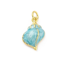 Темно-бирюзовый Латунь эмаль подвески, с целью перехода в кольце, стойки покрытие, прочное покрытие, без кадмия и без свинца, реальный 18 k позолоченный, раковины прелести, темные бирюзовый, 17.5x11.5x5.5 мм, отверстие : 3 мм