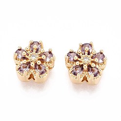 Настоящее золото 18K Латунные микро проложить кубического циркония бусы, цветок, реальный 18 k позолоченный, 11x11x7 мм, отверстие : 1.8 мм