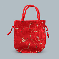 Crimson Retro Rectangle Cloth Drawstring Women Wristlets, with Handles, Embroidery Flower Pattern, Crimson, 21x20x6cm