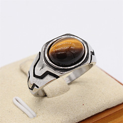 Тигровый глаз 316Мужские кольца из хирургической нержавеющей стали и натурального тигрового глаза, овальные, античное серебро, размер США 8 (18.1 мм)