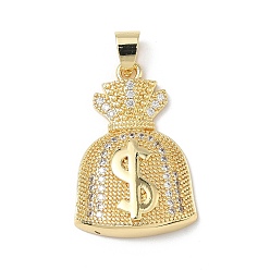 Настоящее золото 18K Подвески из прозрачного кубического циркония с микропейвом, денежный мешок с подвесками в виде знака доллара, без свинца и без кадмия, долговечный, стойки покрытие, реальный 18 k позолоченный, 29x19.5x6 мм, отверстие : 6x4 мм