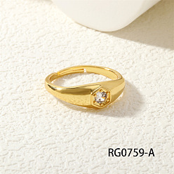 Шестиугольник Латунные кольца-манжеты с микропаве из прозрачных кубических цирконий, золотые, шестиугольник, внутренний диаметр: регулируемый