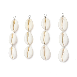 Морская Ракушка 3 большие подвески из натурального бисера из ракушек каури, с петлями из медной проволоки, платина, цвет морской раковины, 73.5x16x7 мм, отверстие : 3 мм