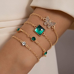 Butterfly Glass Rhinestone Link Bracelets Set, with Alloy Link Chains, Butterfly, 6-3/4 inch(17cm), 4pcs/set
