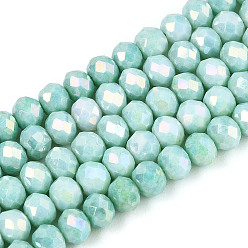 Средний Бирюзовый Антикоррозийные гальванические стеклянные бусины рондель, имитация драгоценных камней, с покрытием AB цвета, граненые, средне бирюзовый, 4~4.5x3~3.8 мм, отверстие : 0.9 мм, около 105~107 шт / нитка, 14.76~15.16'' (37.5~38.5 см)