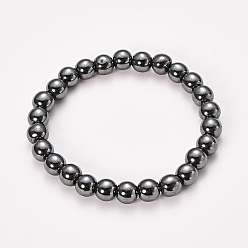 Non-magnetic Hematite Non-magnetic Synthetic Hematite Beaded Stretch Bracelets, Round, 2-1/8 inch(55mm), Bead: 8~9mm