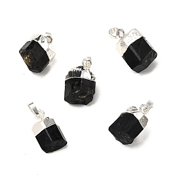 Серебро Натуральные черные подвески турмалина, самородки прелести, с латунной фурнитурой , без кадмия и без свинца, серебряные, 20~23x11.5~15x11~13 мм, отверстие : 5 мм