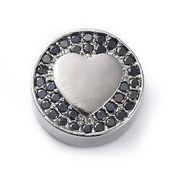 Платина Латунные микро проложить кубического циркония бусы, плоско-круглые с сердцем, чёрные, платина, 12x5 мм, отверстие : 2 мм