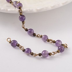 Аметист Круглый природных драгоценных камней ручной работы из бисера цепи, несварные, с латунной фурнитурой , античная бронза, 6 мм, около 58 шт / нитка, 39.3 дюйм