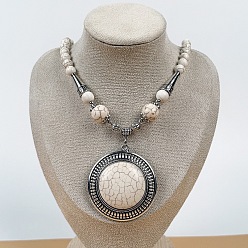 Белый Винтажный сплав с окрашенной синтетической бирюзой, богемный плоский круглый кулон, круглые бусины, ожерелья для женщин, античное серебро, белые, 19.69 дюйм (50 см)