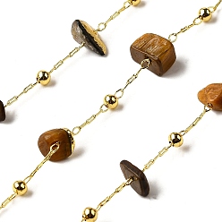 Тигровый глаз Цепочки из бисера с натуральным тигровым глазом ручной работы, пайки, с реечной обшивкой латунными выводами, долговечный, без свинца и без кадмия, с катушкой, реальный 18 k позолоченный, 5~14x2~7x3~7 мм