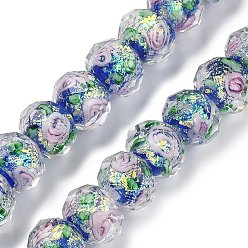 Синий Нити из фольги в технике лэмпворк, RONDELLE с цветком, граненые, синие, 9.5~10x7.5~8 мм, отверстие : 1.1~1.5 мм, около 40 шт / нитка, 12.60'' (32 см)