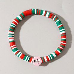 Разноцветный Рождественские браслеты из полимерной глины в стиле хейши и акриловых бусин, эластичные, для женщин., Плоский круглый с снеговиком, красочный, 6.89 дюйм (17.5 см)