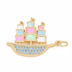 Разноцветный Стойка металлическая латунная микропрофилированная кубическая циркония подвески, с эмалью и кольцами для прыжков, без кадмия, без свинца и без никеля, лодка, реальный 18 k позолоченный, красочный, 24x18x3 мм, отверстие : 3.6 мм