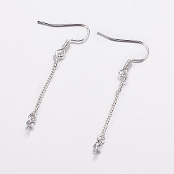 Silver Brass Earring Hooks, For Half Drilled Beads, Long-Lasting Plated, Lead Free & Cadmium Free, Silver Color Plated, 52mm, 24 Gauge, Pin: 0.5mm