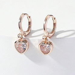 Розовое Золото Серьги-кольца из латуни с прозрачным кубическим цирконием в форме сердца, розовое золото , 20x6 мм