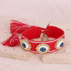 Красный Богемные браслеты из латуни и смолы, регулируемые браслеты из плетеного шнура из полиэстера для женщин, сглаз и кисточка, реальный 18 k позолоченный, красные, 5.91~9.84 дюйм (15~25 см)