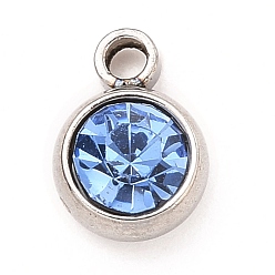 Свет Сапфира 304 прелести нержавеющей стали, с акриловыми стразами, очарование камня, граненые, плоско-круглые, цвет нержавеющей стали, света сапфир, 8.2x6x3.5 мм, отверстие : 1.2 мм