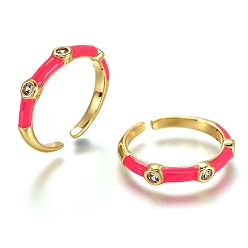 Ярко-Розовый Латунные кольца из манжеты с прозрачным цирконием, открытые кольца, с эмалью, реальный 18 k позолоченный, долговечный, ярко-розовый, размер США 7 1/4 (17.5 мм)