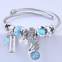 Темно-Голубой 304 из нержавеющей стали европейские браслеты, браслеты с подвесками для женщин, со сплавом, стразами, стеклом и эмалью, глубокое синее небо, внутренний диаметр: 2-1/8 дюйм (5.5 см)