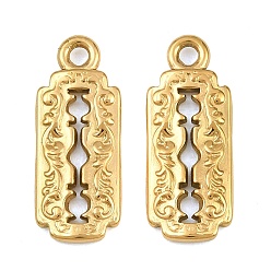 Real 18K Gold Plated 304 Stainless Steel Pendants, Rectangle with Floral Pattern Charms, Ion Plating(IP), Real 18K Gold Plated, 21x9x2mm, Hole: 1.8mm