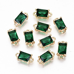 Green Transparent Glass Links Connectors, with Light Gold Tone Brass Findings, Long-Lasting Plated, Cadmium Free & Lead Free, Rectangle, Green, 12x6x4.5mm, Hole: 1.4mm