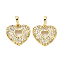 Настоящее золото 18K Подвески из латуни с микро-паве ко Дню святого Валентина, прозрачные циркониевые подвески, полые прелести сердца, долговечный, без кадмия и без свинца, стойки покрытие, реальный 18 k позолоченный, 18.5x19.5x4 мм, отверстие : 7x4.5 мм