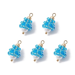 Темно-Голубой Подвески-слезинки из стеклянных бусин, с петлей из золотистых латунных штифтов с шарообразными головками, настоящими латунными бусинами-разделителями, покрытыми 18k золотом, и круглой бусиной из ракушки-жемчужины, глубокое синее небо, 19.5x11x10.5 мм, отверстие : 1.5x2.5 мм