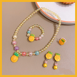 Ананас Фрукты пластиковые ожерелья и браслеты и серьги и кольца наборы для детей, ананас, ожерелья: 380мм; браслеты: 44мм внутренний диаметр; серьги: 40мм; кольца: 14мм внутренний диаметр