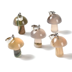 Natural Agate Natural Crystal Core Agate Pendants, Mushroom Charms, with 304 Stainless Steel Snap on Bails, Stainless Steel Color, 24~25x16mm, Hole: 7.5x4mm