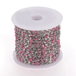 Hot Pink Handmade 304 Stainless Steel Dapped Chains, Cable Chains, with Enamel and Spool, Soldered, Flat Oval, Long-Lasting Plated, Hot Pink, 3x1.5x0.1~1mm, about 32.8 Feet(10m)/roll