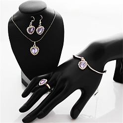 Лиловый Ожерелье из сплава с кулоном в виде сердца и подвеской из кристаллов, а также браслет с подвесками и кольцо, платина, сирень, 400 мм