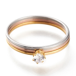 Crystal 304 Stainless Steel Finger Rings, Stackable Rings, with Rhinestone, Flat Round, Mixed Color, Crystal, US Size 7~7 3/4(17.3~17.9mm), 3pcs/set