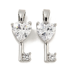 Платина Латунные микропаве прозрачные подвески с фианитом, без кадмия, без никеля и без свинца, подвески в виде сердечных ключей, платина, 15.5x7x3.5 мм, отверстие : 3x4.5 мм