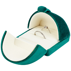 Dark Green Velvet Rings Box, Double Flip Cover, Pair of Ring Display Holder, for Engagement Bride Wedding Photography, Dark Green, 6.5x6x6.1cm