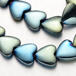 Зеленое Покрытие Гальванизировать немагнитных синтетический гематит нитей бисера, сердце, зеленый покрытием, 15x15x5 мм, отверстие : 1 мм, около 31 шт / нитка, 15.7 дюйм