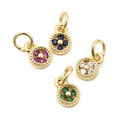 (52) Непрозрачная лаванда Латунные микро проложить кубического циркония подвески, плоский круг с подвеской в виде клевера, без свинца и без кадмия, долговечный, стойки покрытие, реальный 18 k позолоченный, разноцветные, 8x6x2 мм, Перейти кольцо: 5x1 мм, внутренний диаметр: 3 мм