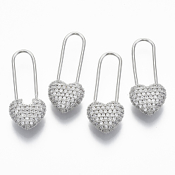 Платинированный Серьги в виде английских булавок из латуни, с кубического циркония, сердце, без никеля , Реальная платина, 27x10.5x4.5 мм , штифт: 1 мм