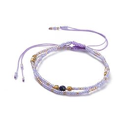 Lilac Braided Beaded Bracelets, with Glass Seed Beads, Natural Lapis Lazuli(Dyed) Beads, Brass Bead Spacers and Burlap Bags, Lilac, 55mm