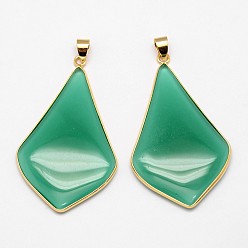 Medium Sea Green Rhombus Real Gold Plating Brass Glass Pendants, Medium Sea Green, 50x29x4mm, Hole: 5x3mm
