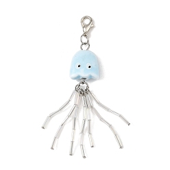 Platinum Octopus Porcelain & Glass Pendant Decorations, with Zinc Alloy Lobster Claw Clasps, Platinum, 74mm