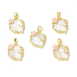 Настоящее золото 18K Подвески из раковины, с фурнитурой латунной эмалевой, цветок с кошачьим шармом, реальный 18 k позолоченный, 17.5x15x3 мм, отверстие : 4.5x2.5 мм