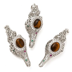 Тигровый глаз Природных тигровый глаз подвески, стойка покрытие латунь цветные стразы форма раковины подвески, без свинца и без кадмия, платина, 49x20x19 мм, отверстие : 7x3 мм