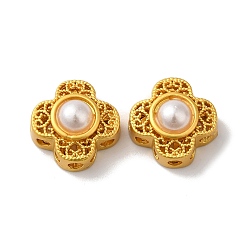 Цветок Покрытие стойки полые латунные бусины, с ABS имитации жемчуга, долговечный, матовый золотой цвет, цветок, 12x12x6.5 мм, отверстие : 1.6 мм