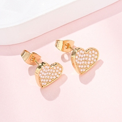 Настоящее золото 16K Серьги-гвоздики в форме сердца из латуни, с ABS имитации жемчуга, реальный 16 k позолоченный, 9.5x10.5 мм