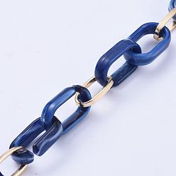 Marine Blue Handmade Paperclip Chains, Drawn Elongated Cable Chains, with Aluminium Linking Rinds and Acrylic Linking Rinds, Imitation Gemstone Style, Light Gold, Marine Blue, Link: 16x8x2mm, 18.5x11.5x4.5mm, 39.37 inch(1m)/strand
