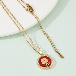 Цветок Латунный микропаве кубический цирконий кулон ожерелья для женщин, с 304 цепью из нержавеющей стали и эмалью, стойки покрытие, ионное покрытие (ip), реальный 18 k позолоченный, цветок, 15.75 дюйм (40 см)