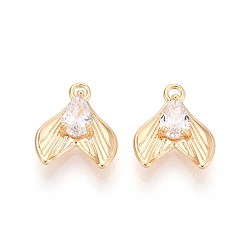 Настоящее золото 18K Латунные микро проложить кубического циркония подвески, прелести рыбий хвост, реальный 18 k позолоченный, 13x11x4 мм, отверстие : 1.5 мм