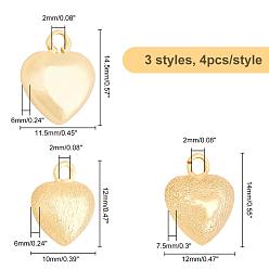 Golden CHGCRAFT 12Pcs 3 Style Brass Charms, Heart, Golden, 12x10x6mm, Hole: 2mm